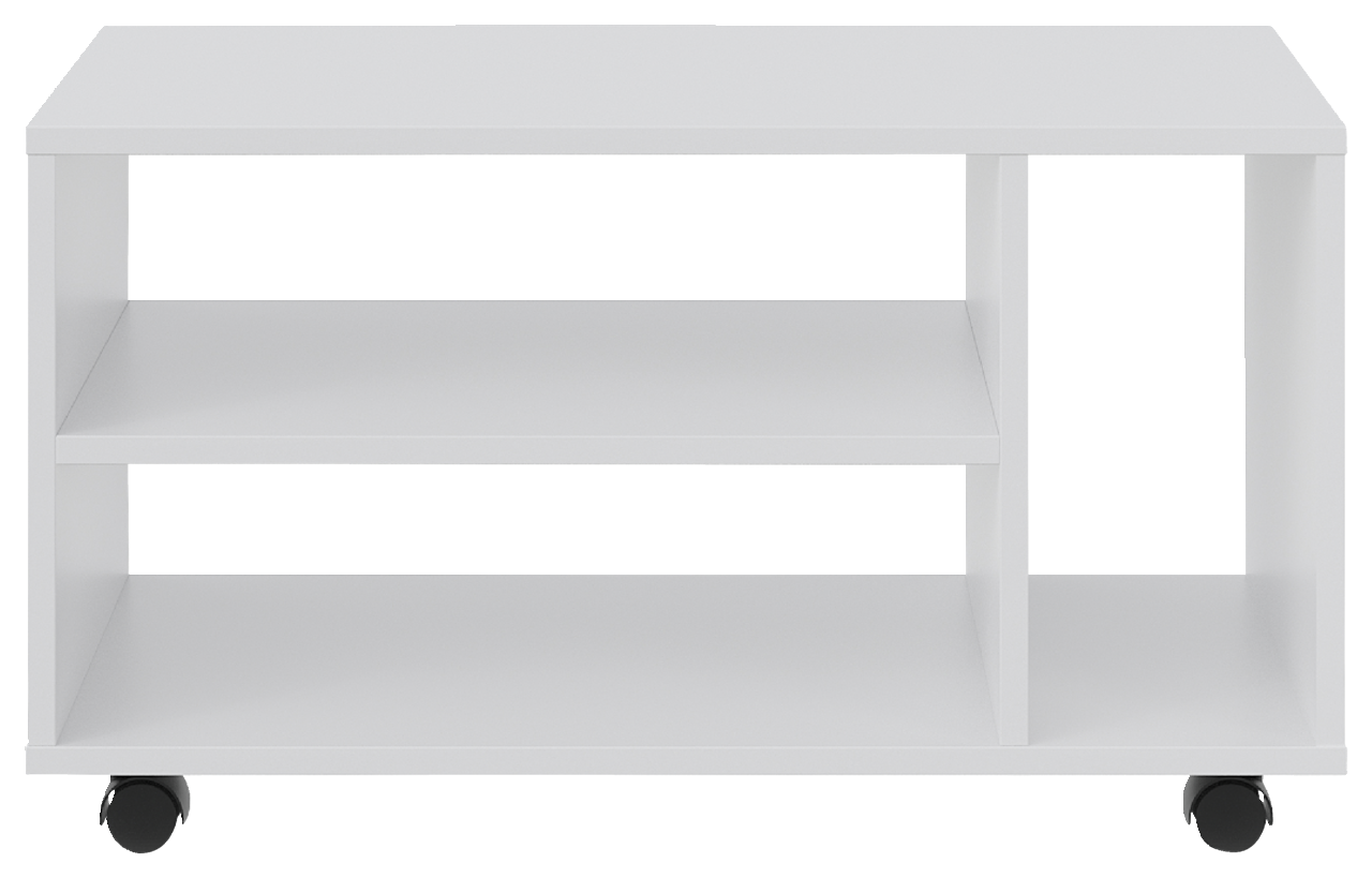Weißer TV-Rollwagen mit zwei offenen Regalfächern und Rollen, Frontalansicht