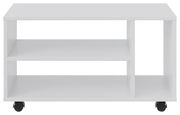 Weißer TV-Rollwagen mit zwei offenen Regalfächern und Rollen, Frontalansicht