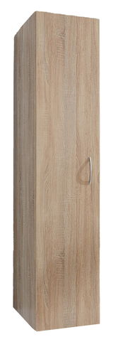 Holzfarbener Kleiderschrank mit einer Tür und silbernem Griff, seitliche Perspektive