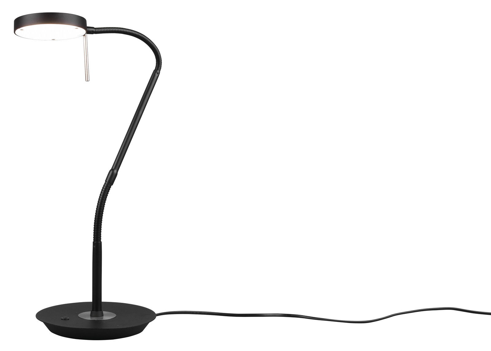 Schwarze LED-Tischleuchte MONZA mit flexiblem Arm und rundem Lampenkopf, seitliche Ansicht