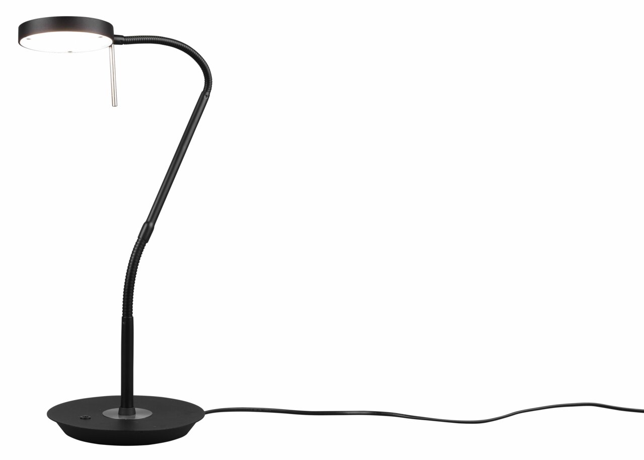 Schwarze LED-Tischleuchte MONZA mit flexiblem Arm und rundem Lampenkopf, seitliche Ansicht