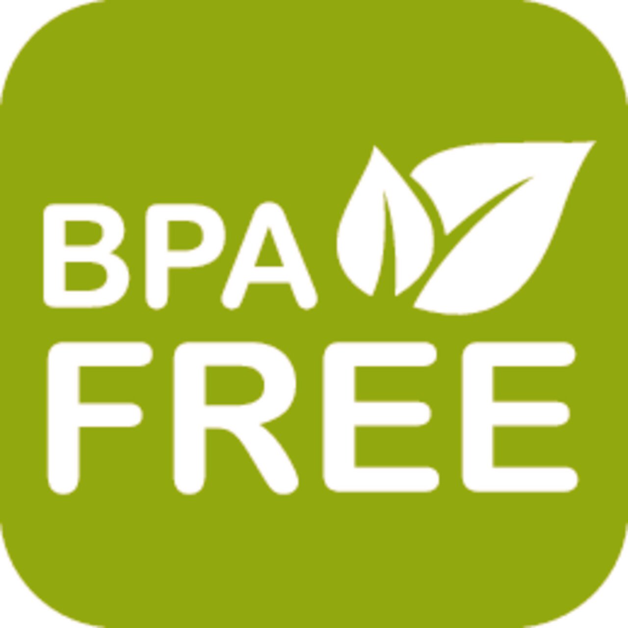 Grünes BPA-frei Logo mit weißen Buchstaben und Blattsymbol, Vorderansicht