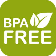 Grünes BPA-frei Logo mit weißen Buchstaben und Blattsymbol, Vorderansicht