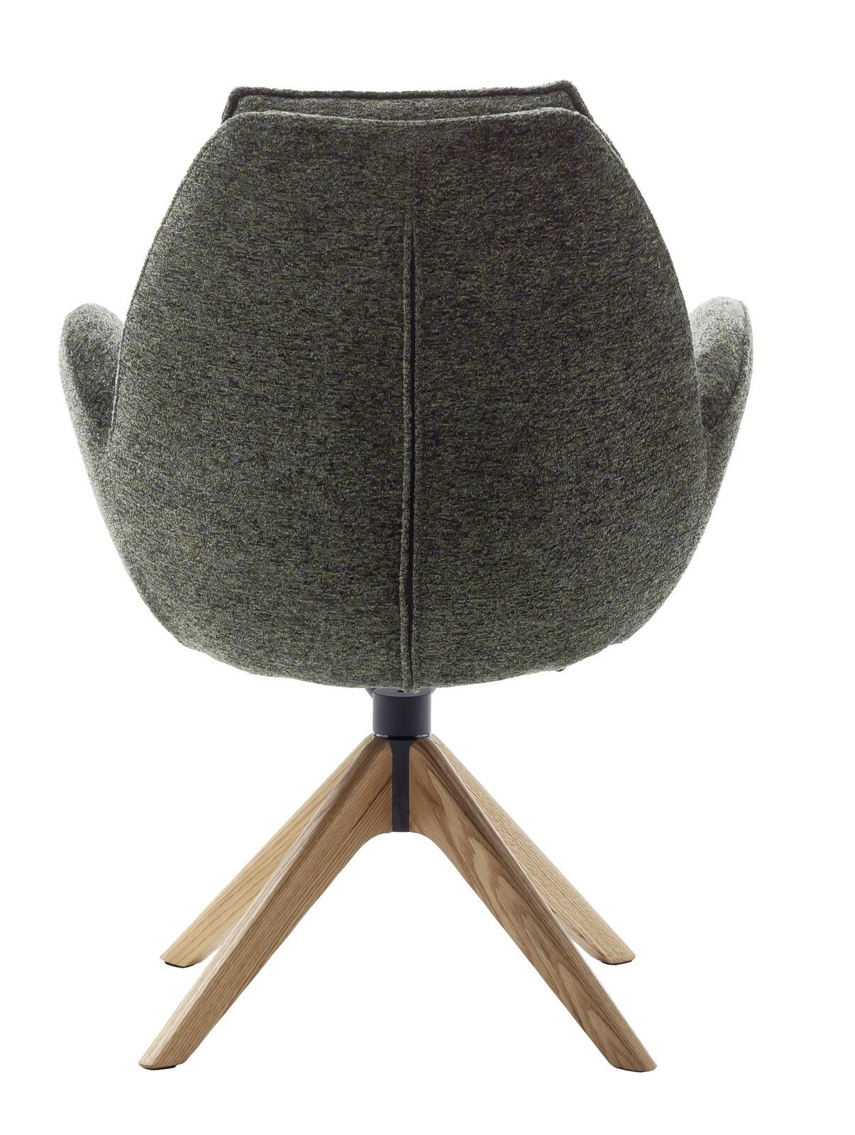 Rückansicht eines Armlehnstuhls mit grauem Stoffbezug und Holzbeinen