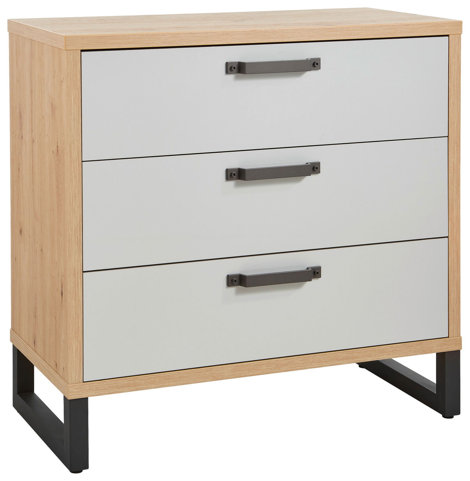 Moderne Kommode mit drei Schubladen, Holzoptik und grauen Fronten, seitliche Perspektive