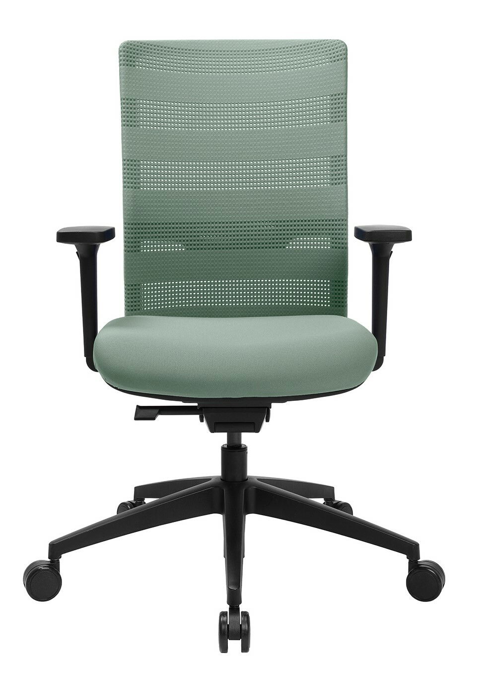 Grüner Bürostuhl mit Netzrückenlehne und verstellbaren Armlehnen, Vorderansicht