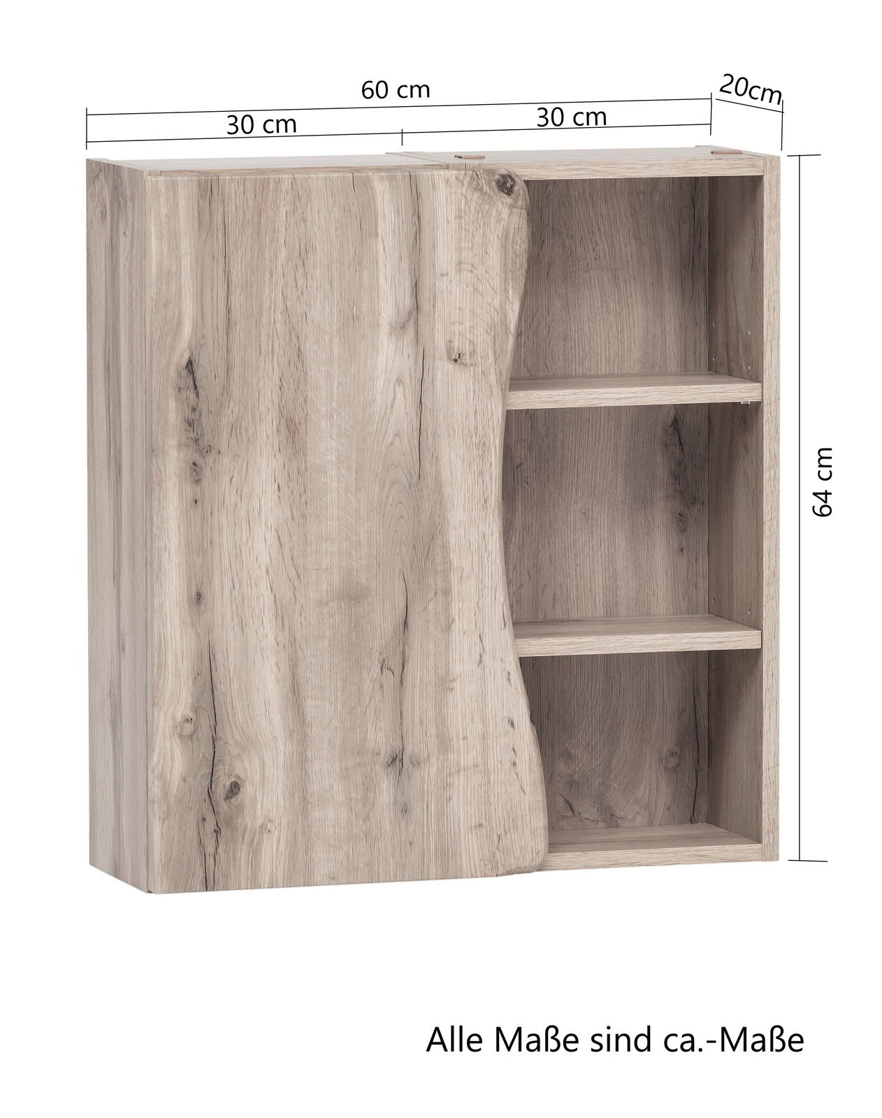Hängeschrank 60 cm breit, 64 cm hoch, mit Holzoptik, linke Perspektive