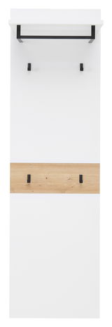 Frontale Ansicht eines modernen Garderobenpaneels mit weißer Oberfläche, schwarzem Kleiderhaken und Holzdekorleiste.