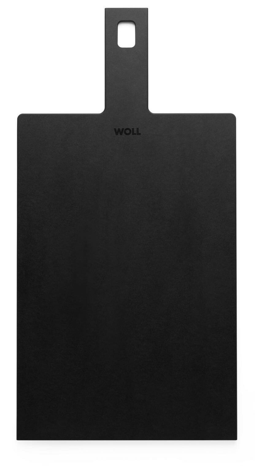 Schwarzes Schneidebrett mit Griff und Loch, Draufsicht