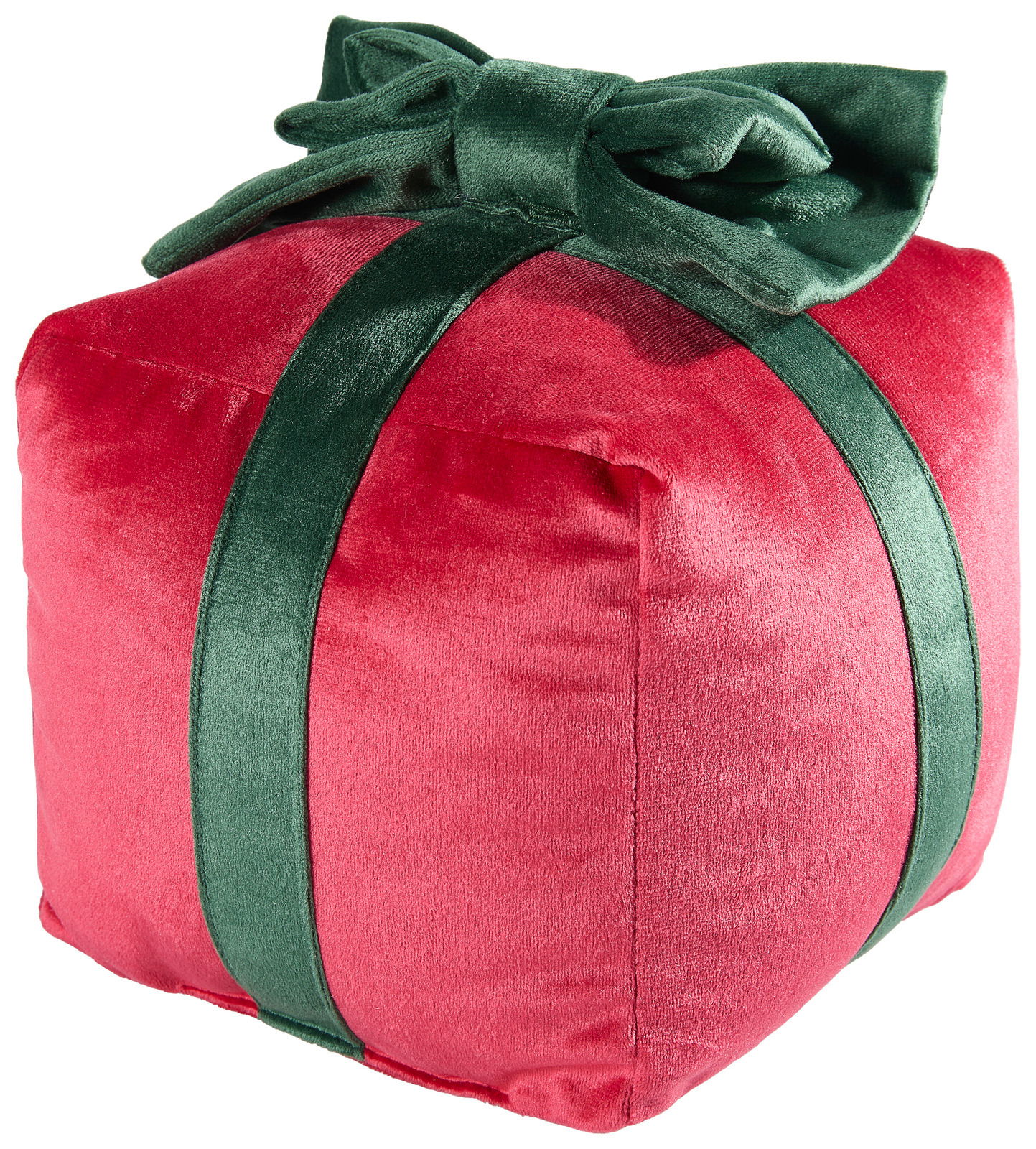 Novel Zierkissen Rotes Zierkissen in Geschenkform mit grüner Schleife, seitliche Perspektive