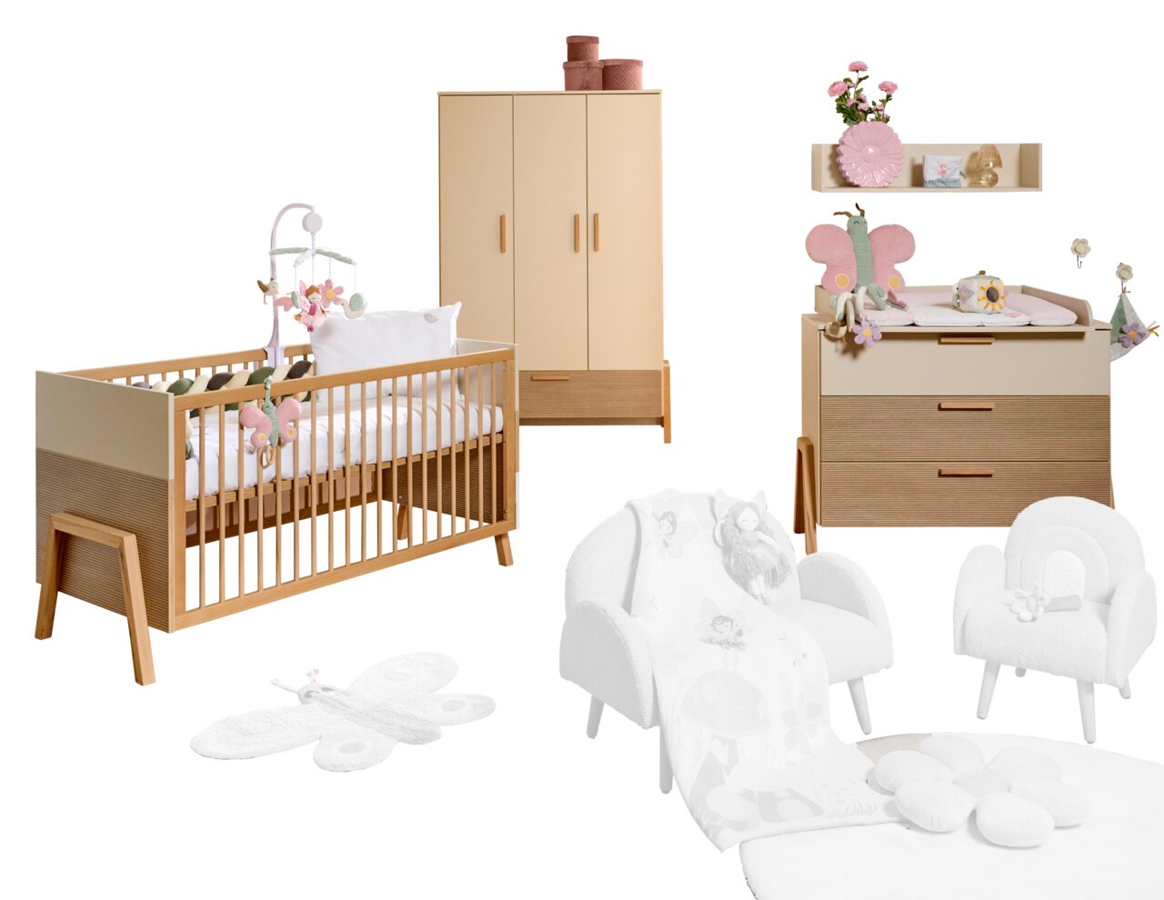 Komplettes Babyzimmer-Set in hellem Holz und Beige, bestehend aus einem Gitterbett, einem Kleiderschrank und einer Wickelkommode, aus der Vorderansicht.