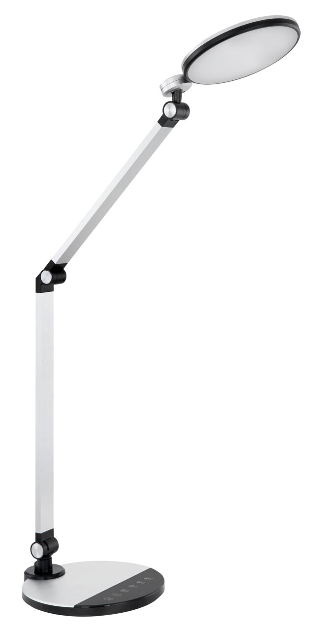 Moderne Tischleuchte mit verstellbarem Arm und rundem Lampenkopf, seitliche Perspektive