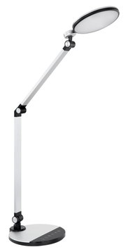 Moderne Tischleuchte mit verstellbarem Arm und rundem Lampenkopf, seitliche Perspektive