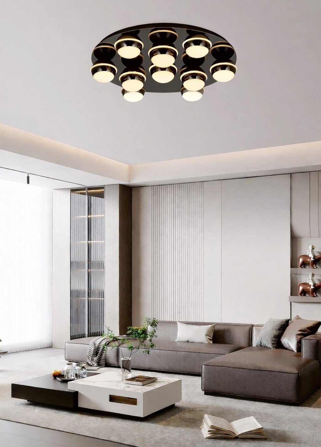 Moderne led-plafondlamp met negen ronde lampen, van onderaf gezien in een stijlvolle woonkamer.