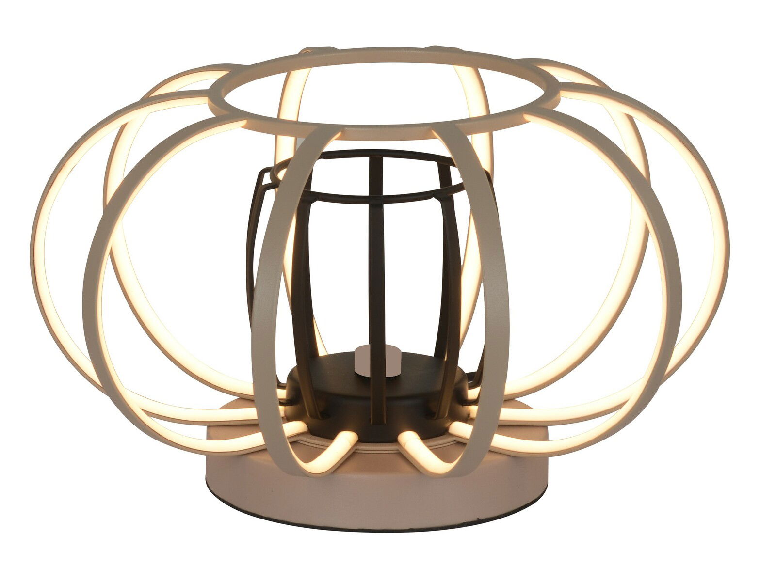 Moderne Tischleuchte mit kreisförmigem, offenem Design und leuchtenden LED-Streifen, seitliche Perspektive.