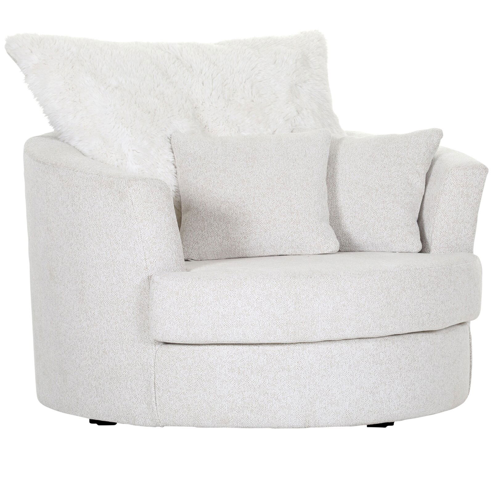 Z2 Sessel LENI Gemütlicher, runder Sessel in hellem Stoff mit zwei passenden Kissen, Vorderansicht.