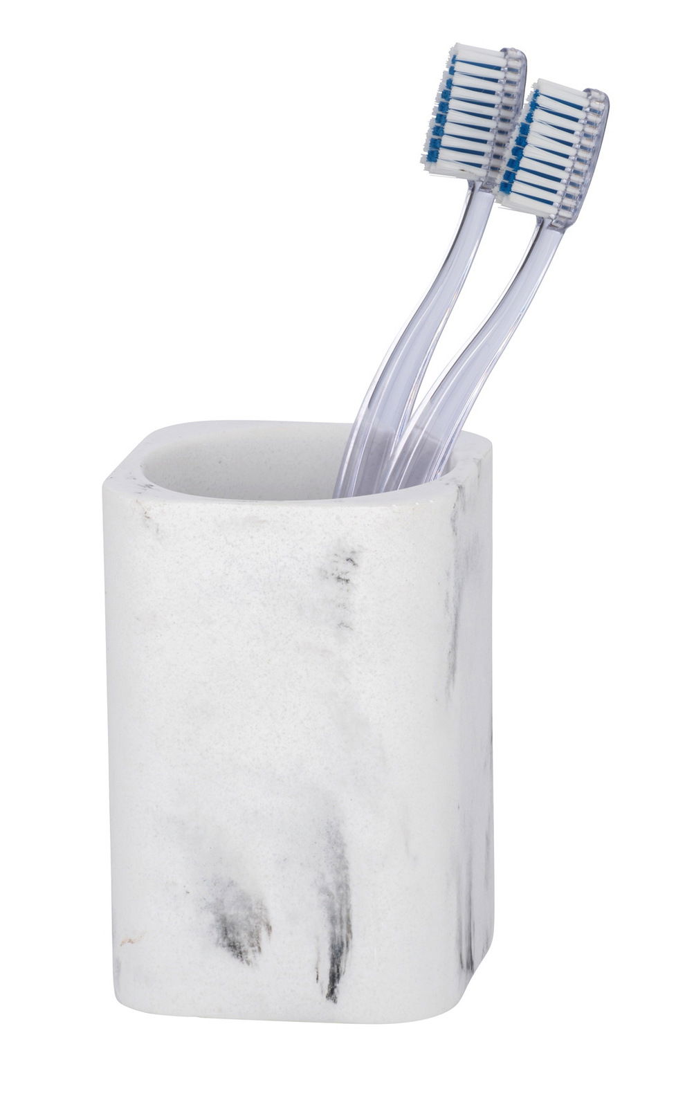 Wenko Zahnputzbecher DESIO Moderner Zahnputzbecher Desio aus Marmoroptik mit zwei transparenten Zahnbürsten, seitliche Perspektive.