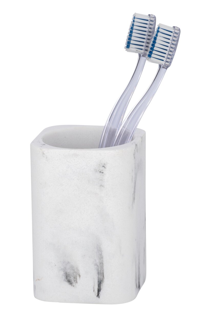 Wenko Zahnputzbecher DESIO Moderner Zahnputzbecher Desio aus Marmoroptik mit zwei transparenten Zahnbürsten, seitliche Perspektive.