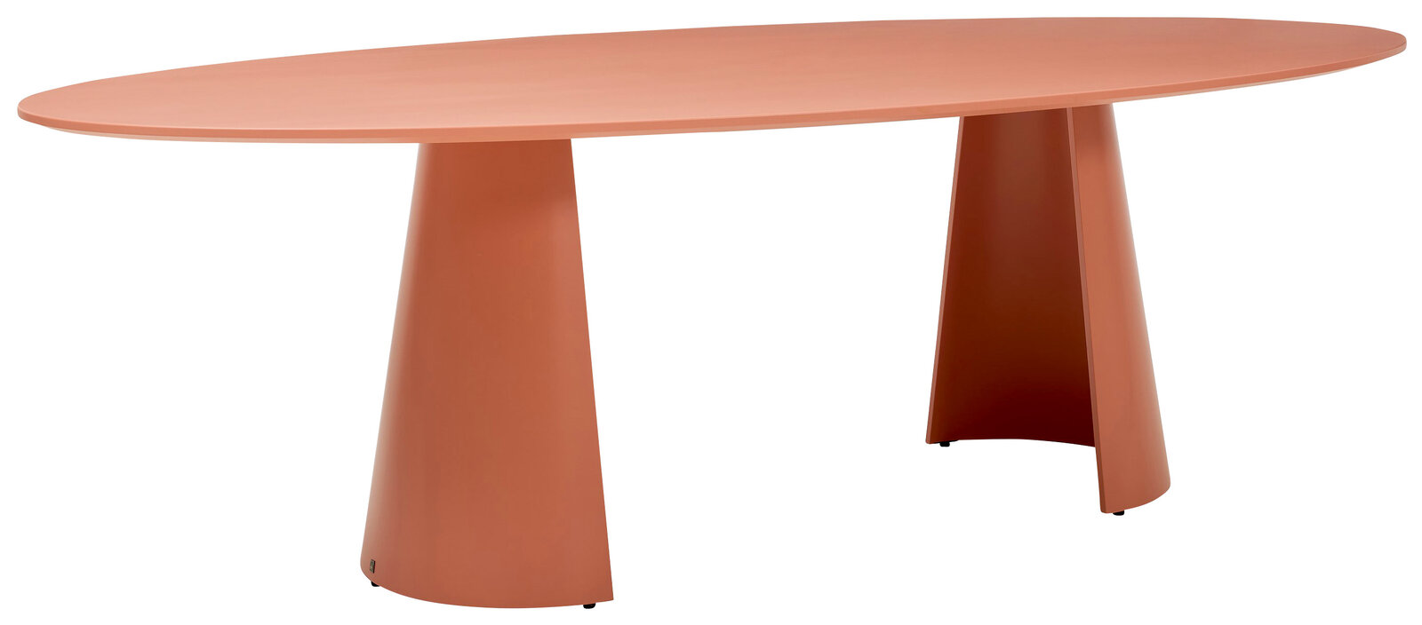 Ovaler Esstisch in Terrakotta-Farbe mit zwei konischen Beinen, seitliche Perspektive