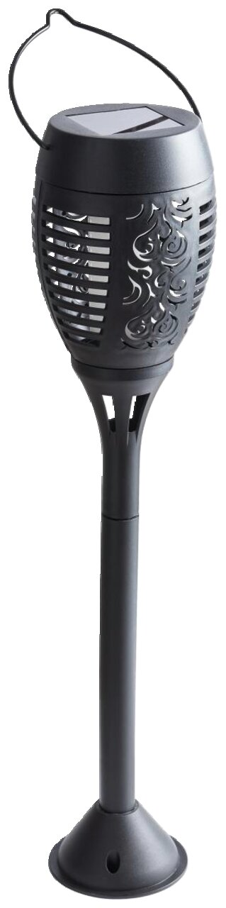 Solarleuchte Flame II in seitlicher Perspektive mit dekorativem Muster und Solarpanel auf der Oberseite.