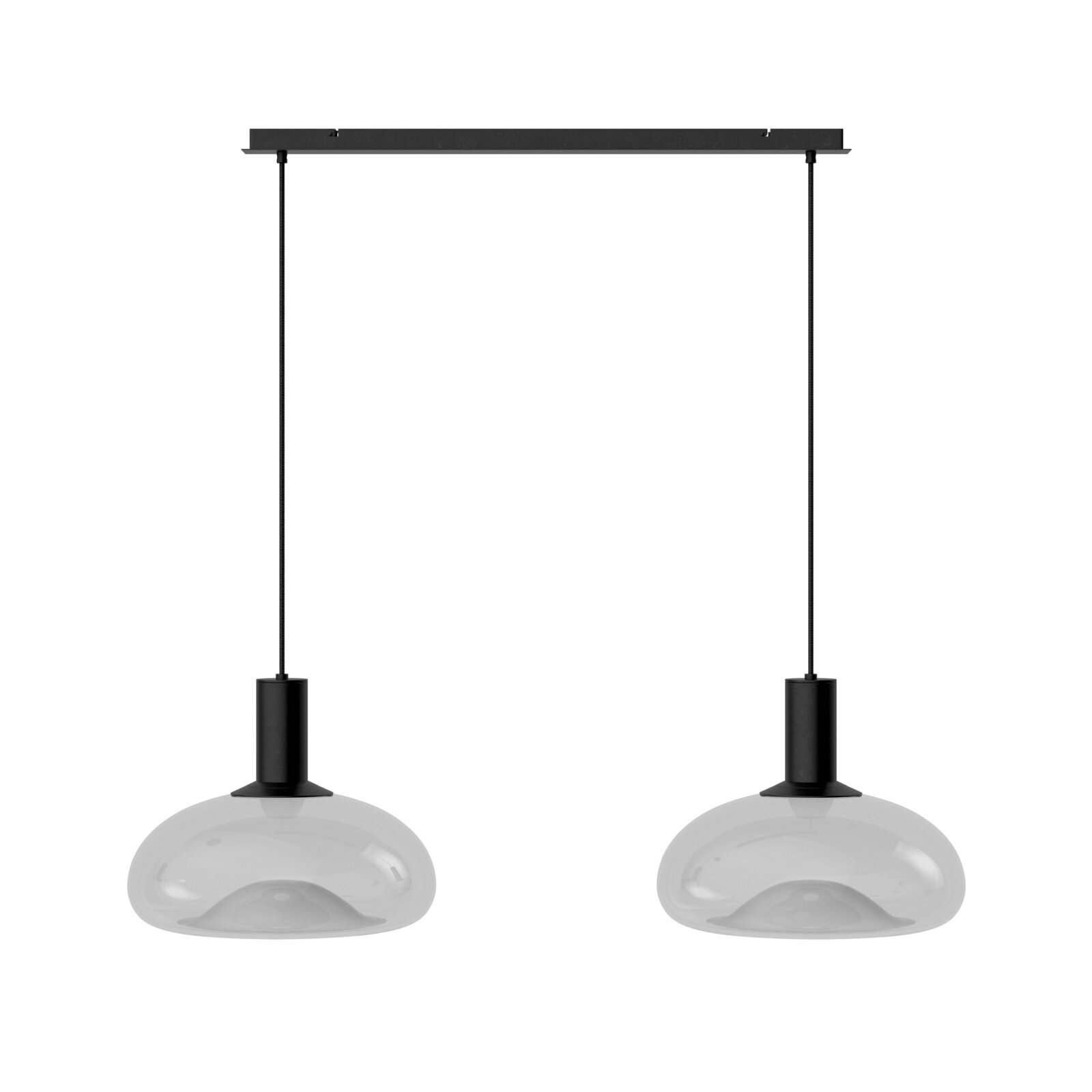 Moderne Hängeleuchte mit zwei transparenten Glasschirmen, schwarze Aufhängung, Frontalansicht