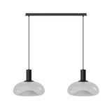 Moderne Hängeleuchte mit zwei transparenten Glasschirmen, schwarze Aufhängung, Frontalansicht