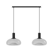 Moderne Hängeleuchte mit zwei transparenten Glasschirmen, schwarze Aufhängung, Frontalansicht