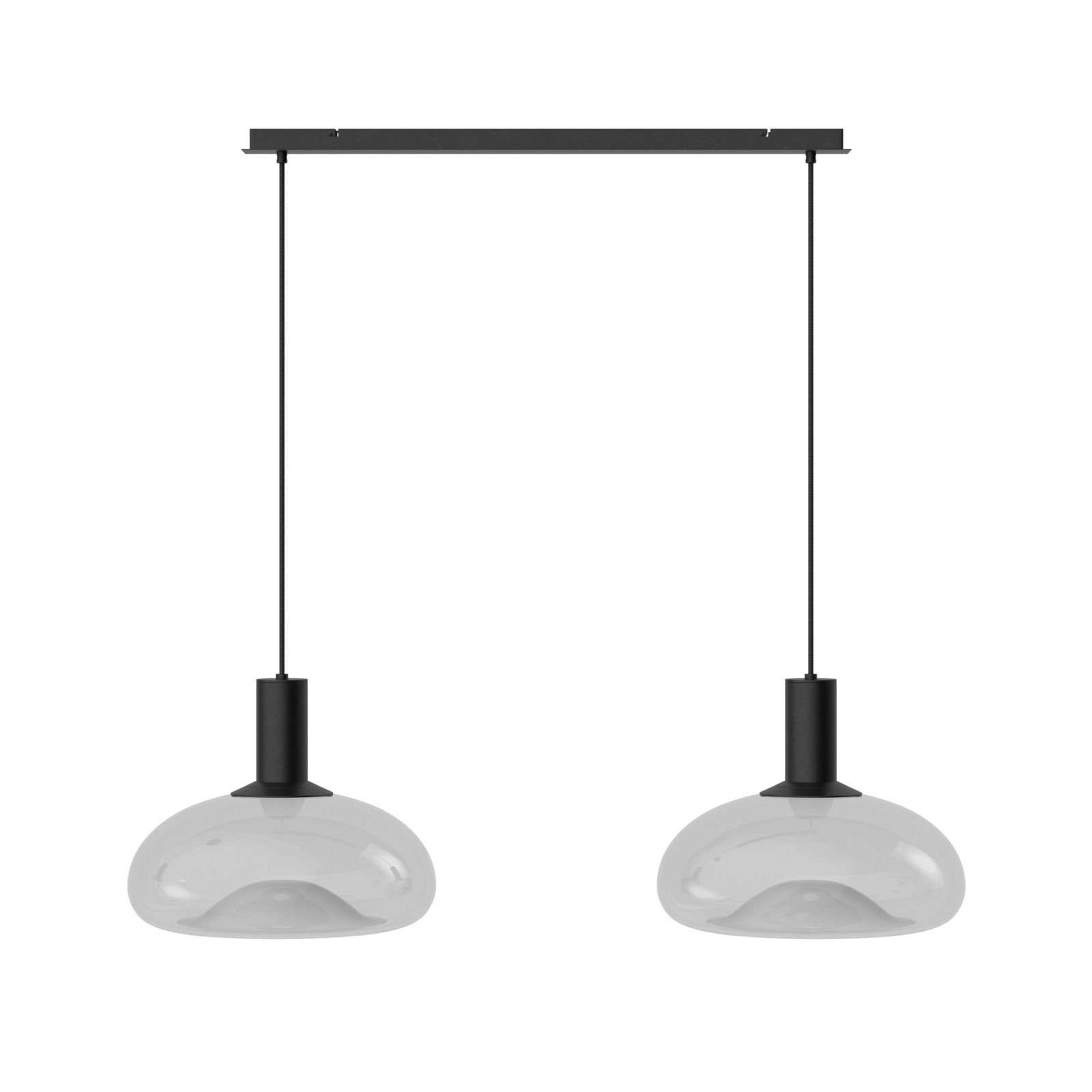 Moderne Hängeleuchte mit zwei transparenten Glasschirmen, schwarze Aufhängung, Frontalansicht