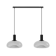 Moderne hanglamp met twee transparante glazen kappen, zwarte ophanging, vooraanzicht