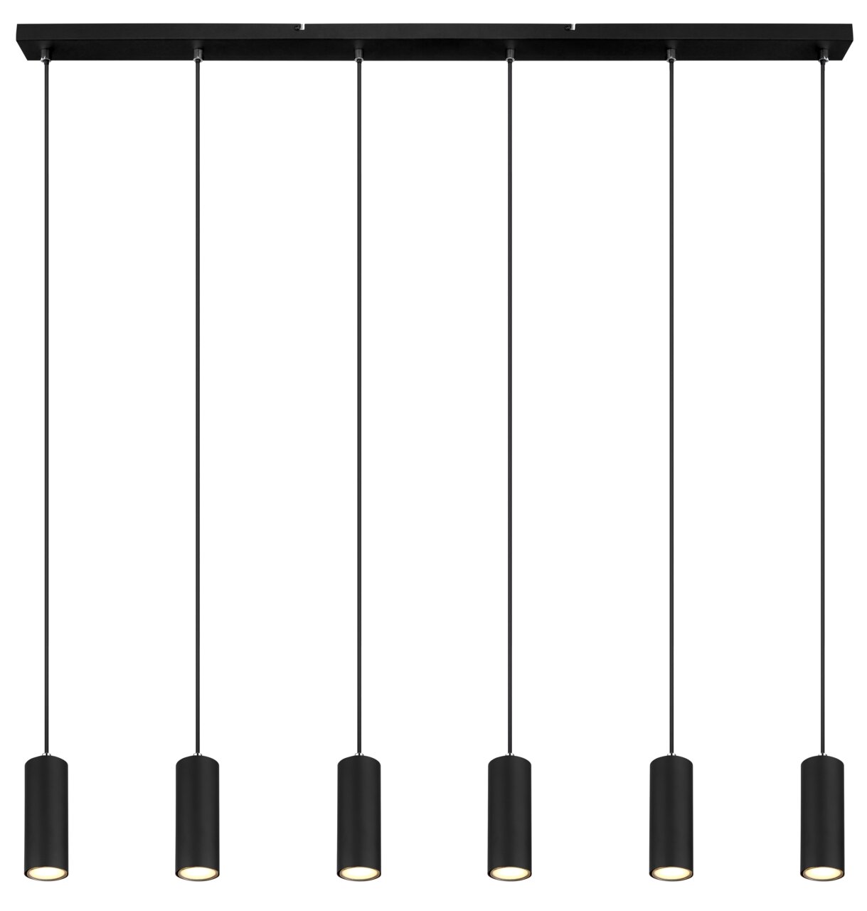 Moderne schwarze Hängeleuchte mit fünf zylindrischen Lampenschirmen, frontal betrachtet.