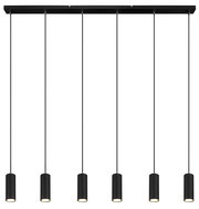 Moderne schwarze Hängeleuchte mit fünf zylindrischen Lampenschirmen, frontal betrachtet.