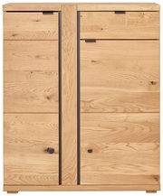 Frontansicht einer modernen Schuhkommode aus hellem Holz mit klaren Linien und minimalistischen Griffen.