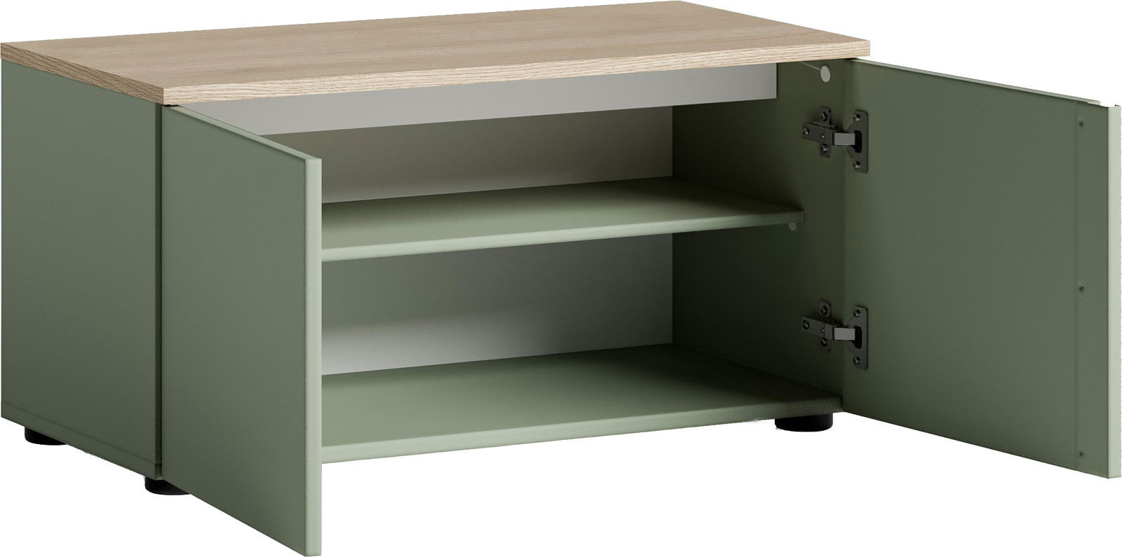 Grüne Bank mit Holzplatte und offenen Türen, seitliche Perspektive