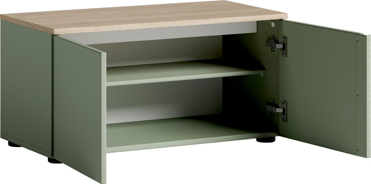 Grüne Bank mit Holzplatte und offenen Türen, seitliche Perspektive