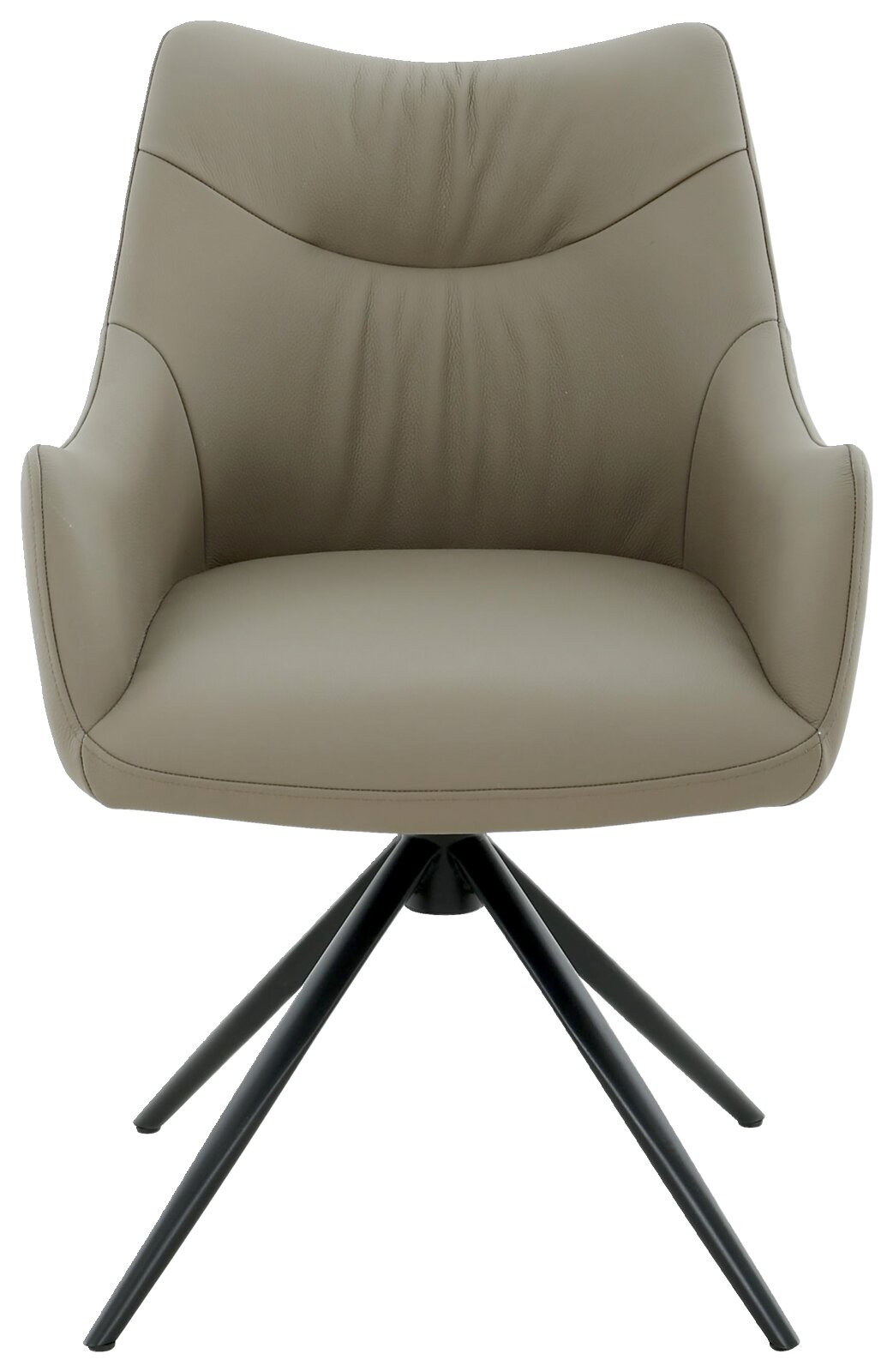 Moderne fauteuil in beige met een zwart metalen frame, vooraanzicht