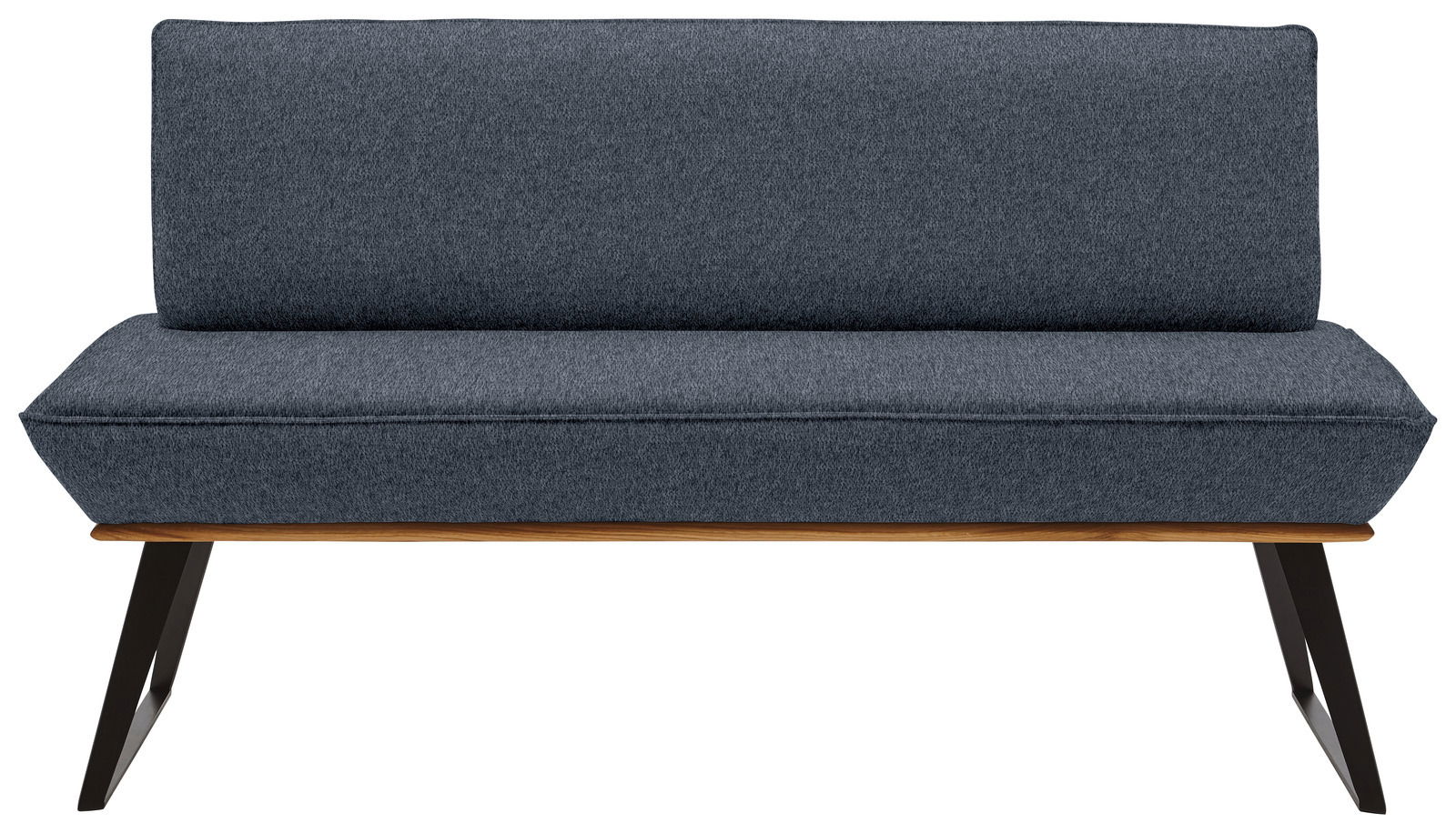 Graue Bank mit Stoffbezug und Holzbeinen, frontal betrachtet.