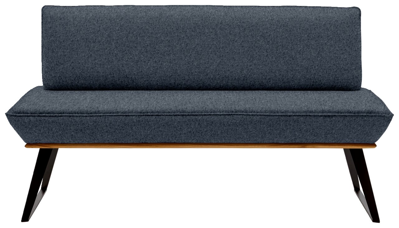 Graue Bank mit Stoffbezug und Holzbeinen, frontal betrachtet.