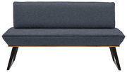 Graue Bank mit Stoffbezug und Holzbeinen, frontal betrachtet.