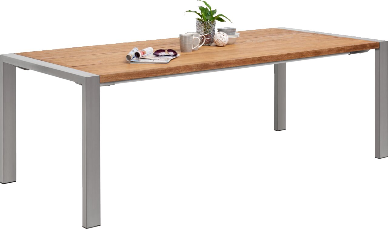 Moderner Gartentisch mit Holzplatte und Metallbeinen, seitliche Perspektive