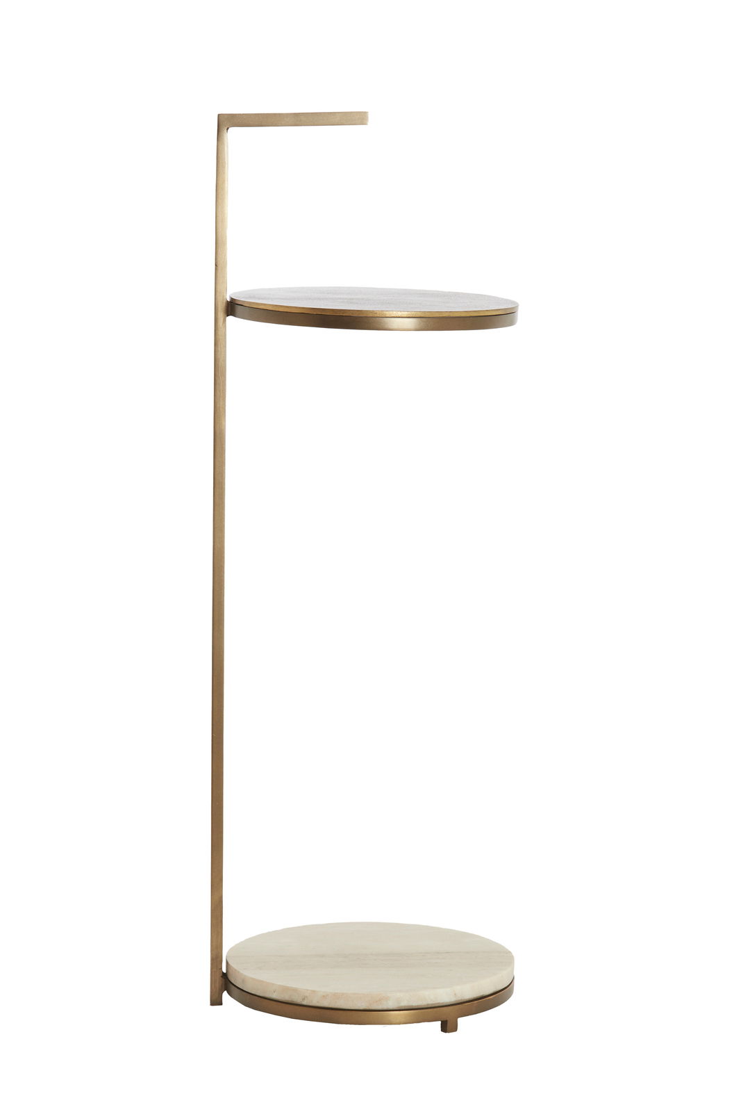 Moderner Beistelltisch mit zwei runden Ablagen aus Metall und Holz, seitliche Perspektive