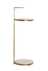 Moderner Beistelltisch mit zwei runden Ablagen aus Metall und Holz, seitliche Perspektive