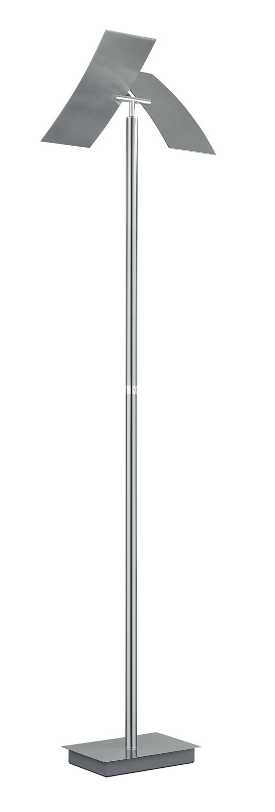 Moderne Stehleuchte ANDY mit silbernem Metallgestell und drei flachen, rechteckigen Lampenschirmen, seitliche Perspektive.