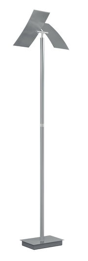 Moderne Stehleuchte ANDY mit silbernem Metallgestell und drei flachen, rechteckigen Lampenschirmen, seitliche Perspektive.