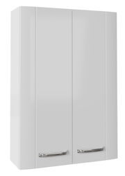 Weißer Hängeschrank mit zwei Türen und silbernen Griffen, frontal betrachtet.