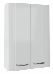 Weißer Hängeschrank mit zwei Türen und silbernen Griffen, frontal betrachtet.