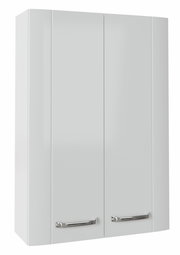 Weißer Hängeschrank mit zwei Türen und silbernen Griffen, frontal betrachtet.