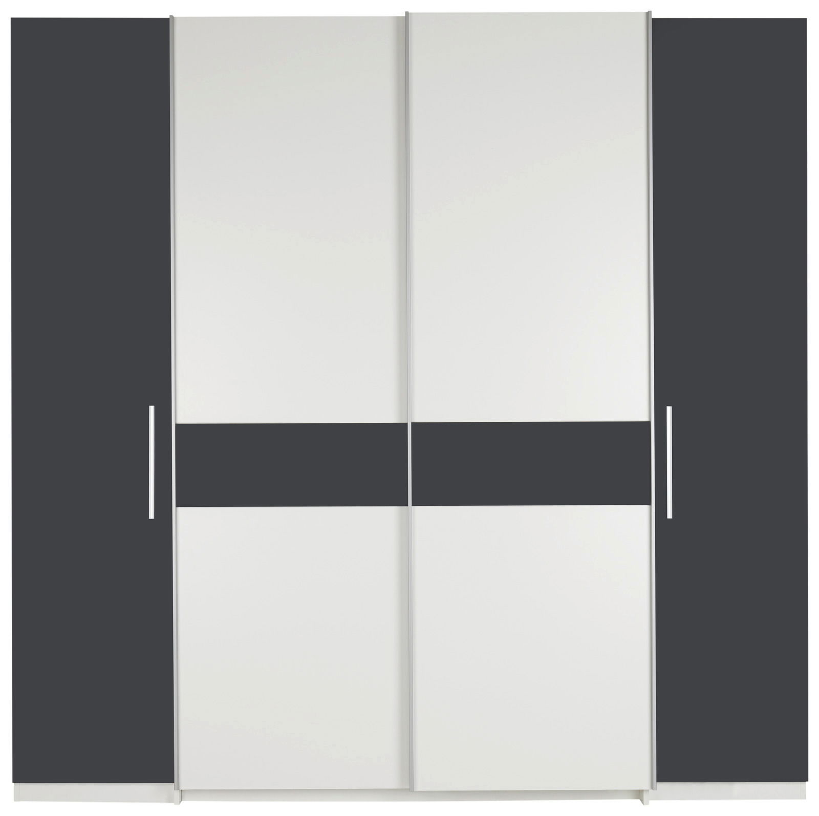 Moderner Dreh- und Schwebetürenschrank mit vier Türen in Weiß und Dunkelgrau, Frontalansicht
