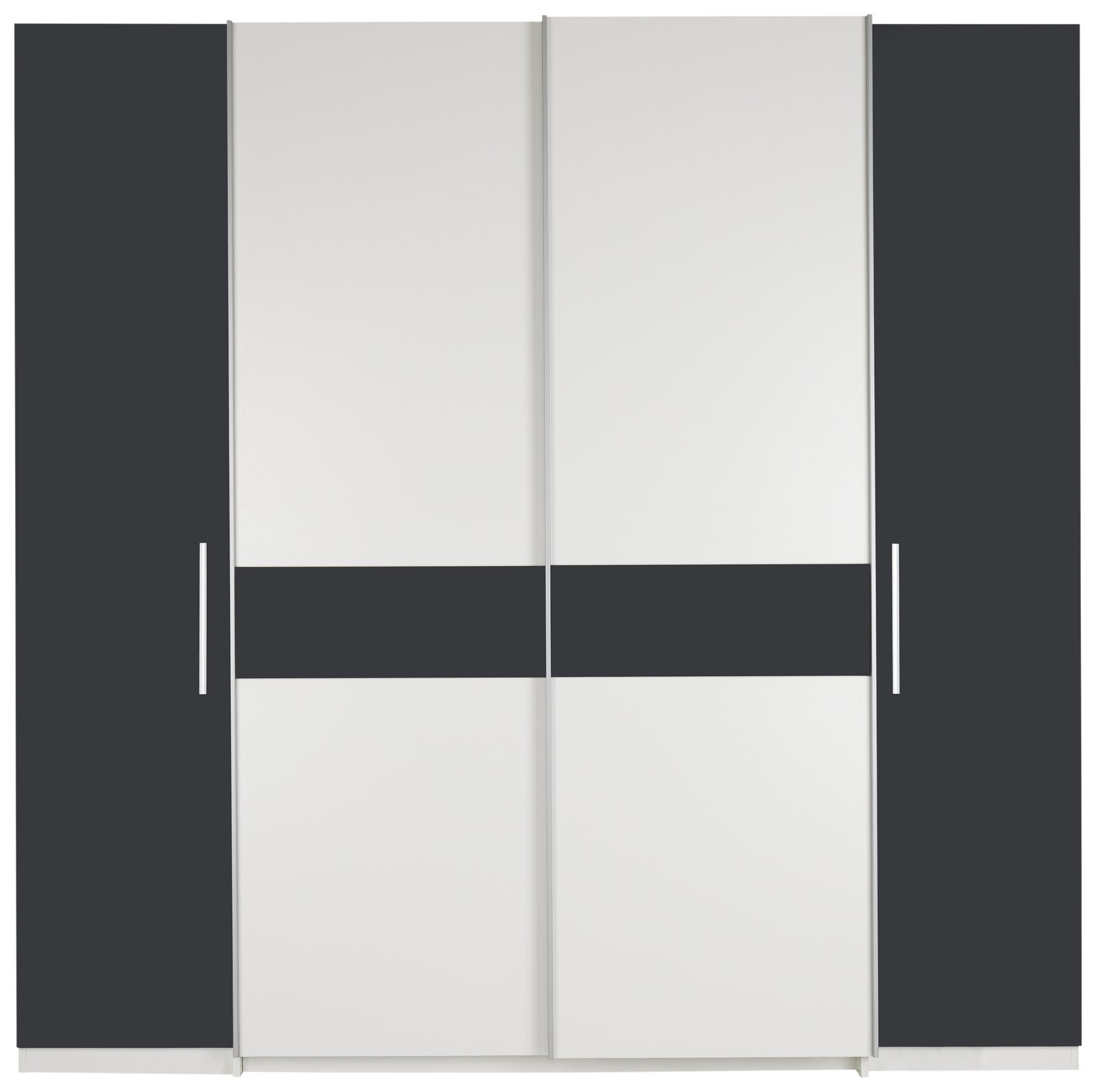 Moderner Dreh- und Schwebetürenschrank mit vier Türen in Weiß und Dunkelgrau, Frontalansicht