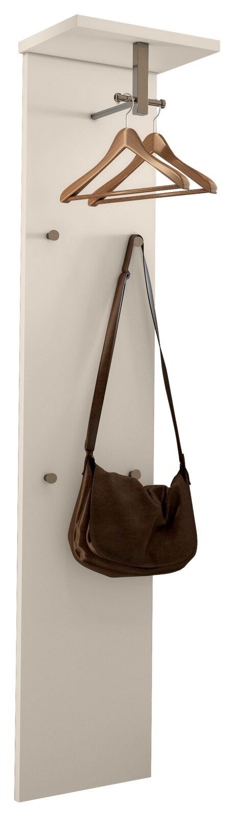 Garderobepaneel in Weiß mit Haken und Kleiderbügeln, seitliche Perspektive
