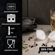 Eiswürfelform in Diamantform, geeignet für Backofen und Spülmaschine, BPA-frei, mit Eiswürfeln und Getränkeglas, seitliche Perspektive
